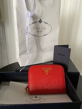 Prada Red Saffiano Gold Zip-Around Coin Wallet/Cards